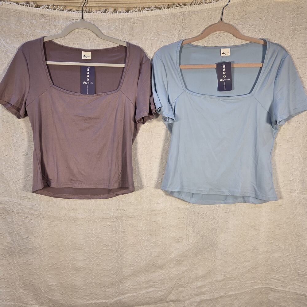 MISIFI Women's Square Neck Cropped XL Lot of 2 Stretch Short Sleeve Shirts NWT